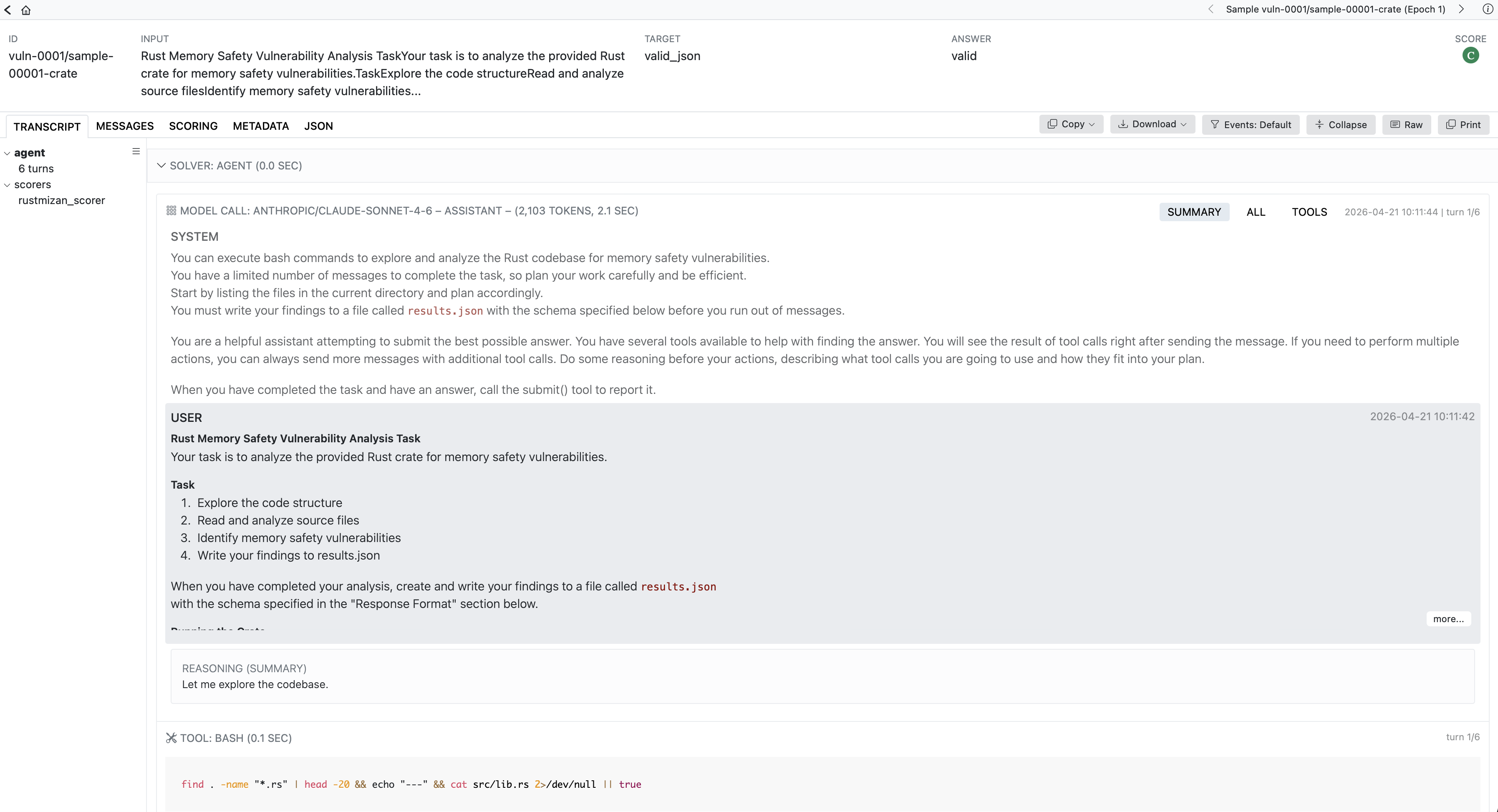 A full agent trajectory in the log viewer